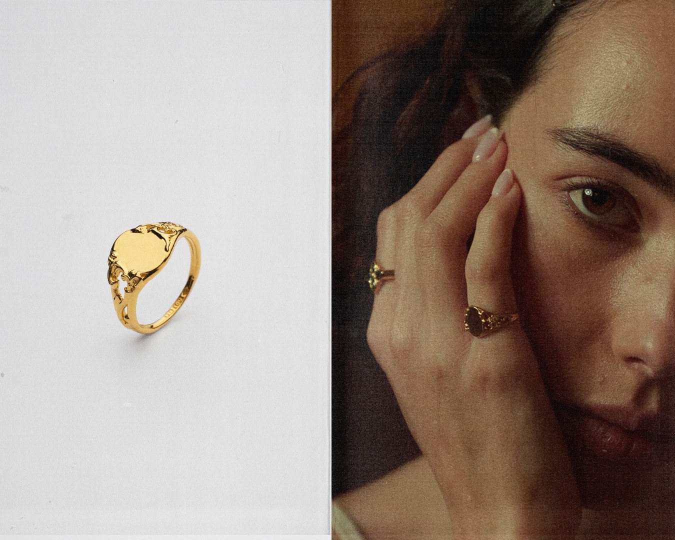 Gold signet; a portrait wearing rings