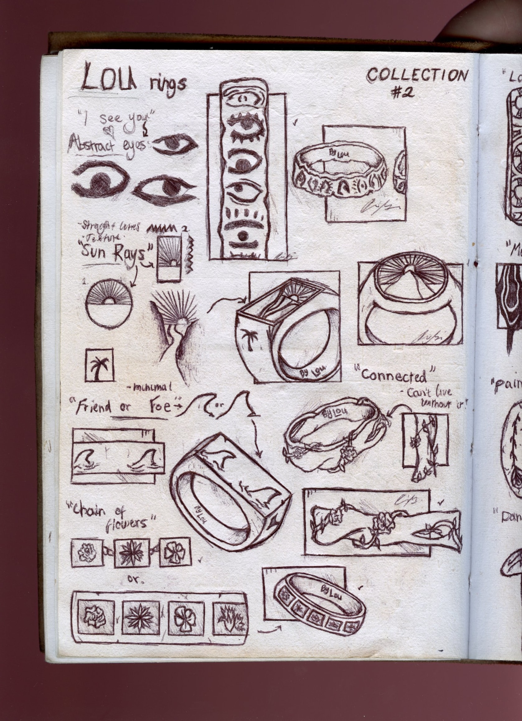 The whole Lou rings notebook page, with eye motifs, signet shapes, palm trees and ornamental bands.